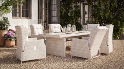 Bariya L Garten-Essgruppe, beige, Polyrattan, Tisch inkl. 6 Dining Sessel & Auflagen, verstellbar Polyrattan-Gartenmöbel|Garten-Essgruppen