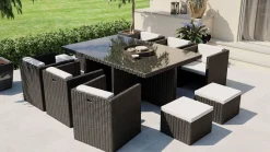 Best Boreas L Garten-Essgruppe mit 6 Sesseln, schwarz, Alu/Polyrattan, inkl. Kissen & 4 Hocker Garten-Essgruppen|Aluminium-Gartenmöbel