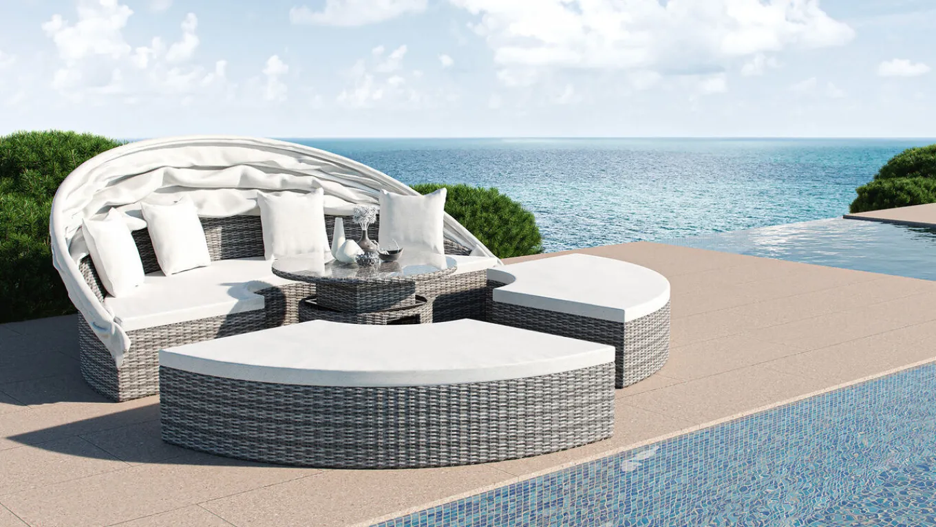 Online Hummel Plus Sonneninsel, grau/beige, Alu/Polyrattan, höhenverstellbarer Tisch, Sonnenschutz und Sichtschutz Gartenlounge|Aluminium-Gartenmöbel