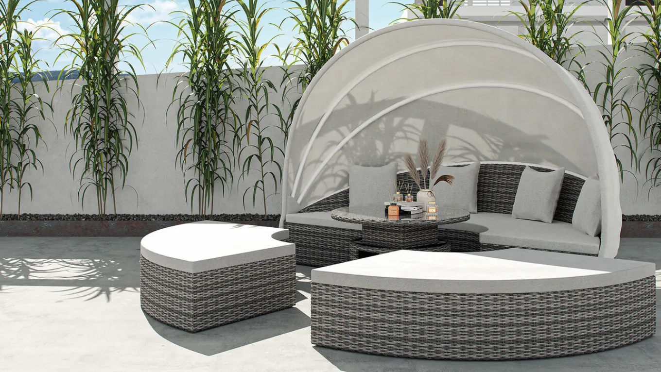 Online Hummel Plus Sonneninsel, grau/beige, Alu/Polyrattan, höhenverstellbarer Tisch, Sonnenschutz und Sichtschutz Gartenlounge|Aluminium-Gartenmöbel