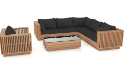 New Piano Gartenlounge, naturbelassen/schwarz, Akazie/Glas, Ecksofa inkl. Sessel & Beistelltisch, langlebiges Material Gartenlounge|Akazien-Gartenmöbel