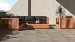 New Piano Gartenlounge, naturbelassen/schwarz, Akazie/Glas, Ecksofa inkl. Sessel & Beistelltisch, langlebiges Material Gartenlounge|Akazien-Gartenmöbel