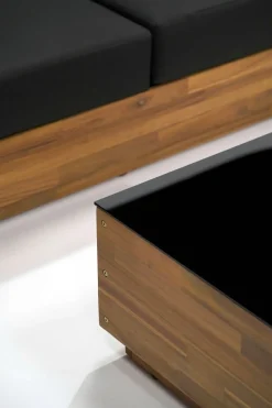 New Piano Gartenlounge, naturbelassen/schwarz, Akazie/Glas, Ecksofa inkl. Sessel & Beistelltisch, langlebiges Material Gartenlounge|Akazien-Gartenmöbel