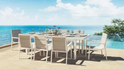 Santorini XL Garten-Essgruppe, weiß/grau, Alu/Textilene, ausziehbarer Tisch, Sessel stapelbar Garten-Essgruppen|Aluminium-Gartenmöbel