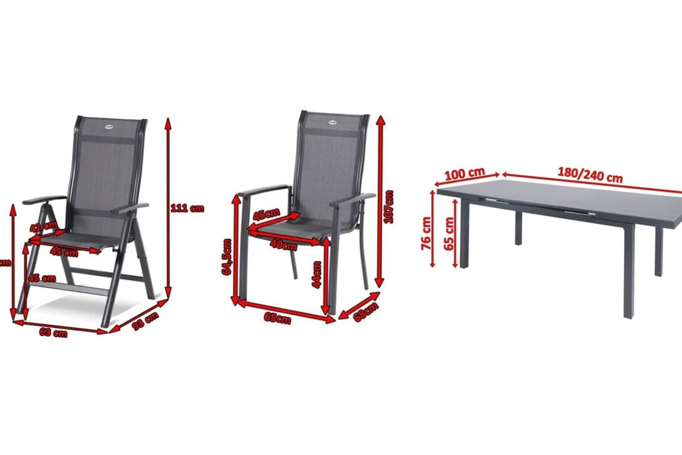 Online Alice Comfort Garten-Essgruppe, xerix, Alu/Textilene, Tisch 180/240x100cm, 4 Stapel-, 2 Klappstühle Garten-Essgruppen|Aluminium-Gartenmöbel