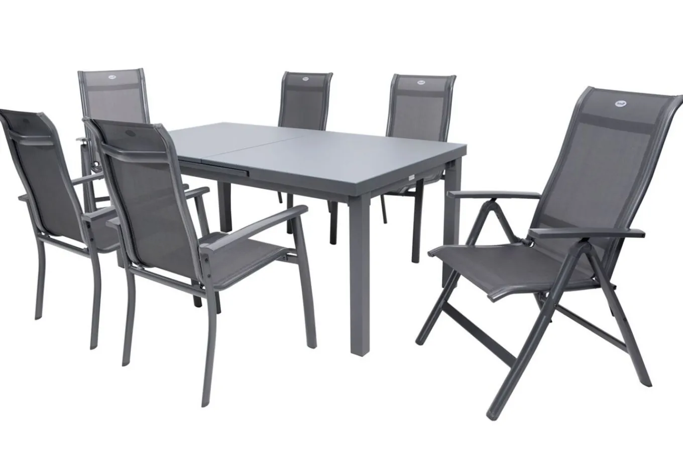 Online Alice Comfort Garten-Essgruppe, xerix, Alu/Textilene, Tisch 180/240x100cm, 4 Stapel-, 2 Klappstühle Garten-Essgruppen|Aluminium-Gartenmöbel