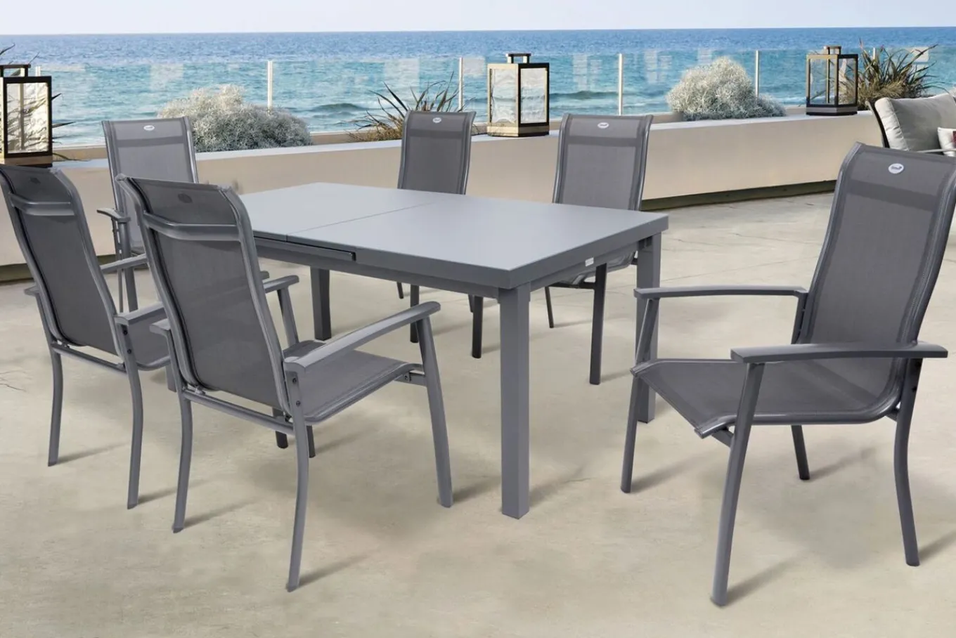 Hot Alice Comfort Garten-Essgruppe, xerix, Alu/Textilene, Tisch 180/240x100cm, 6 Stapelsessel Garten-Essgruppen|Aluminium-Gartenmöbel