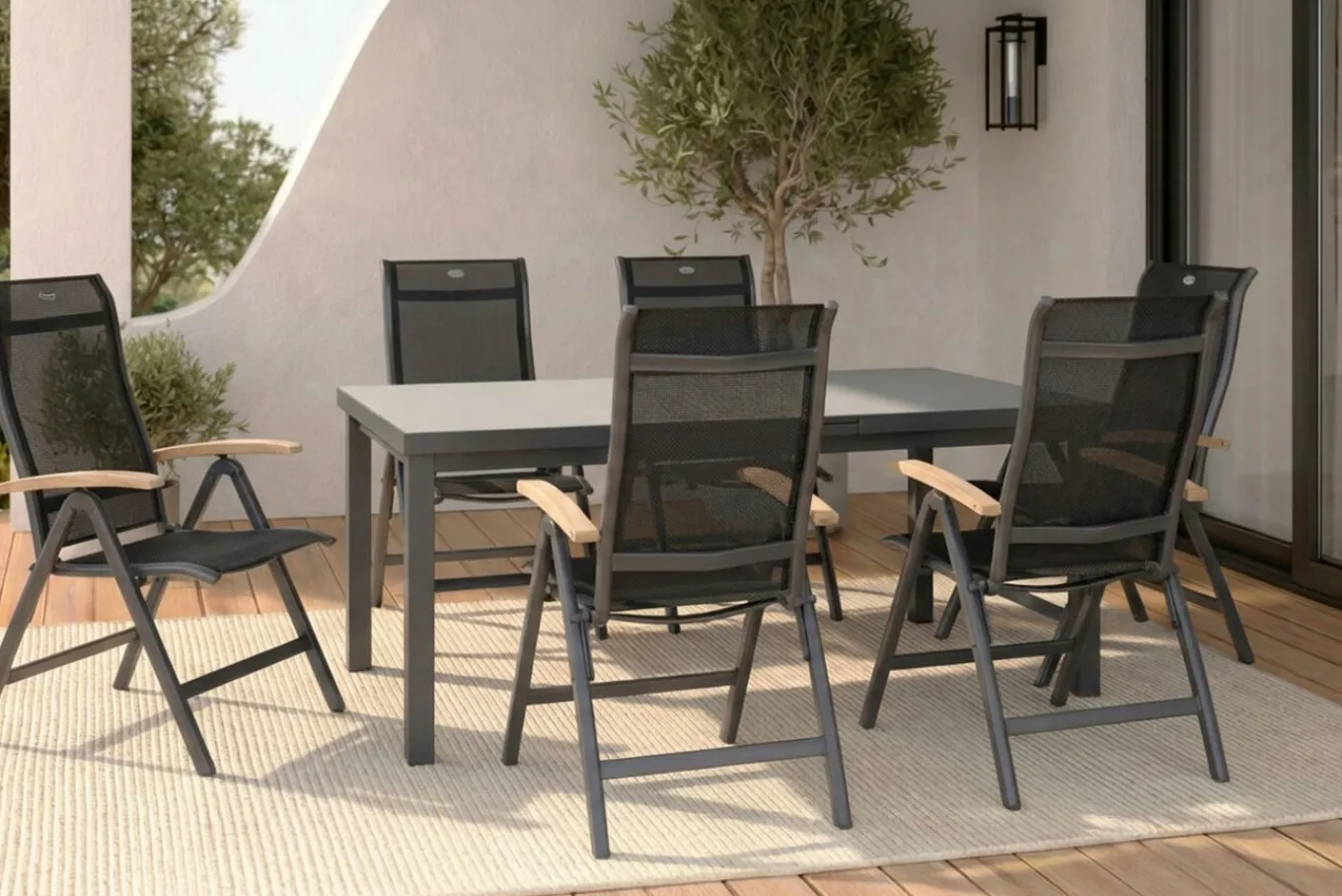Outlet Alice Garten-Essgruppe, xerix, Alu/4x4 Textilen, Tisch 180/240x100cm, 6 Klappstühle Garten-Essgruppen