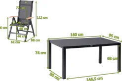 Hot Alice Garten-Essgruppe, xerix/anthrazit, Alu/Spraystone/Teak/2x2 Textilen, 160x95 cm, 4 Klappstühle, Teak Armlehnen Garten-Essgruppen