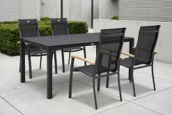 New Alice Garten-Essgruppe, xerix, Alu/Spraystone/Teak/4x4 Textilen, 160x95 cm, 4 Stapelsessel Garten-Essgruppen