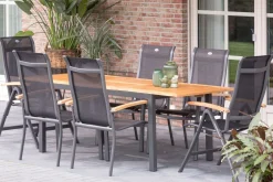 Online Alice Garten-Essgruppe, xerix/natur, Alu/Teak, 4x4 Textilene, 2 Klappstühle, 4 Stapelsessel, 150/210x90cm Garten-Essgruppen
