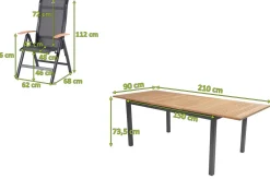 Alice/South Wales Garten-Essgruppe, xerix/natur, Alu/Teak/2x2 Textilen, 150/210x90 cm, 4 Klappstühle Garten-Essgruppen