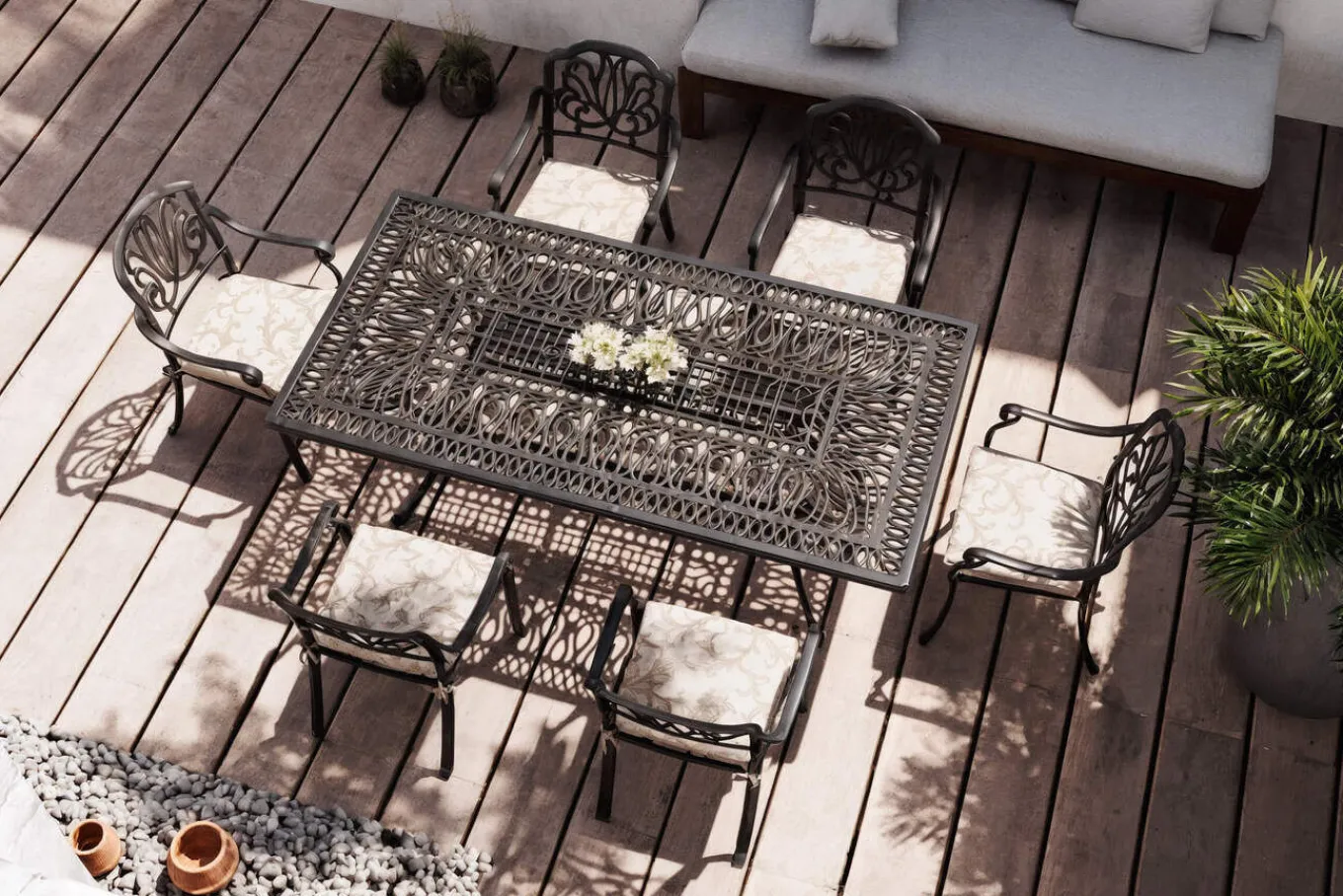 Amalfi Garten-Essgruppe, bronze, Alu-Guss, 6 Diningsessel, 214x112cm Aluguss-Gartenmöbel|Garten-Essgruppen