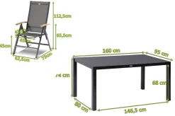 Clearance Aruba Garten-Essgruppe, xerix/anthrazit, Alu/Spraystone/Teak, 160x95 cm, 4 Klappstühle, Teak Armlehnen Garten-Essgruppen|Aluminium-Gartenmöbel