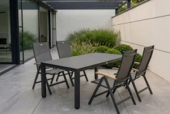 Clearance Aruba Garten-Essgruppe, xerix/anthrazit, Alu/Spraystone/Teak, 160x95 cm, 4 Klappstühle, Teak Armlehnen Garten-Essgruppen|Aluminium-Gartenmöbel