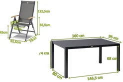 Clearance Aruba Garten-Essgruppe, xerix/anthrazit, Alu/Spraystone/Teak, 160x95 cm, 4 Klappstühle, Teak Armlehnen Garten-Essgruppen|Aluminium-Gartenmöbel