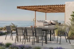 Clearance Aruba Garten-Essgruppe, xerix, Alu/Textilene, Tisch 180/240x100cm, 8 Stapelsessel Garten-Essgruppen|Aluminium-Gartenmöbel
