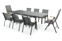 Hot Aruba Teak Garten-Essgruppe, xerix, Alu/Textilene, Tisch 180/240x100cm, 6 Stapel-, 2 Klappstühle Garten-Essgruppen