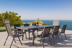 Hot Aruba Teak Garten-Essgruppe, xerix, Alu/Textilene, Tisch 180/240x100cm, 6 Stapel-, 2 Klappstühle Garten-Essgruppen