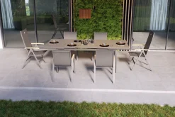 Aruba Teak Garten-Essgruppe, xerix, Alu/Textilene, Tisch 180/240x100cm, 4 Stapel-, 2 Klappstühle Garten-Essgruppen