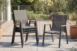 Sale 4er Set Aruba Stapelsessel, xerix/anthrazit, Alu/Textilene, mit Teak-Armlehnen Aluminium-Gartenmöbel|Gartenstühle & Gartensessel