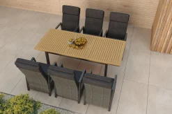 Best Nova Garten-Essgruppe mit 6 Sesseln, anthrazit/grau/natur, Alu/Polyrattan/Teak, Tisch 150/210 x 90 cm, verstellbare Rückenlehne Garten-Essgruppen