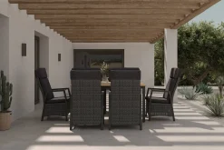Best Nova Garten-Essgruppe mit 6 Sesseln, anthrazit/grau/natur, Alu/Polyrattan/Teak, Tisch 150/210 x 90 cm, verstellbare Rückenlehne Garten-Essgruppen