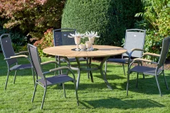 Clearance Provence / Raffaelo Garten-Essgruppe, xerix/anthrazit, Alu/Teakholz, 5 Stapelsessel, Ø150cm, inkl. Eiskühler Garten-Essgruppen