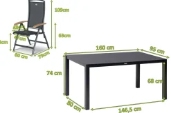 Sale Raffaelo Garten-Essgruppe, xerix/anthrazit, Alu/Spraystone/Teak, 160x95 cm, 4 Klappstühle, Teak Armlehnen Garten-Essgruppen|Aluminium-Gartenmöbel