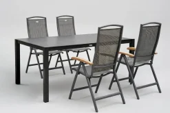 Sale Raffaelo Garten-Essgruppe, xerix/anthrazit, Alu/Spraystone/Teak, 160x95 cm, 4 Klappstühle, Teak Armlehnen Garten-Essgruppen|Aluminium-Gartenmöbel