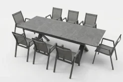 Outlet Sondermodell Xanadu / Aruba Garten-Essgruppe, xerix/anthrazit, Alu/Glaskeramik, 8 Stapelsessel, 220/280x100cm Garten-Essgruppen|Aluminium-Gartenmöbel