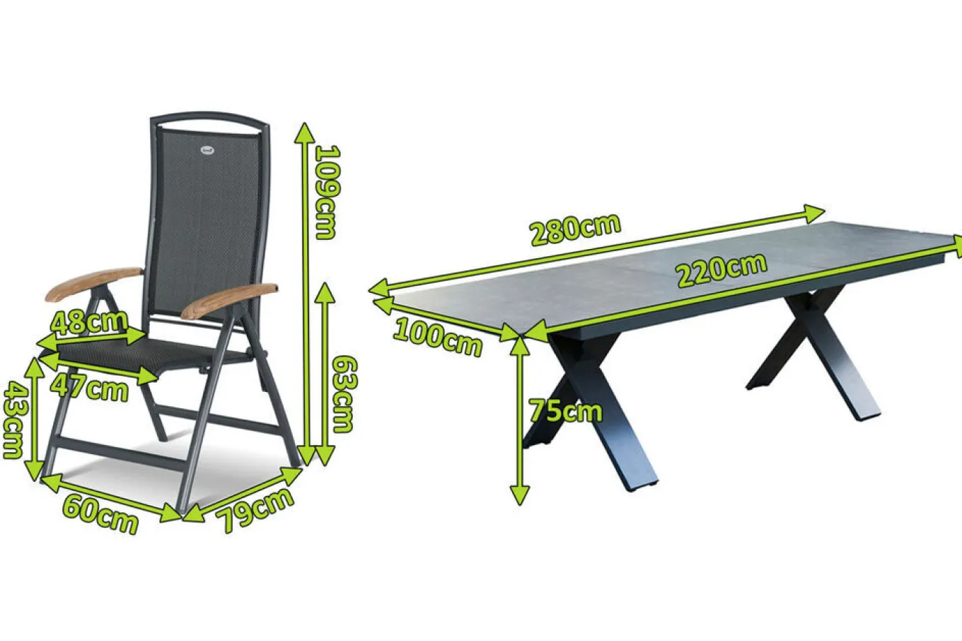 Best Sondermodell Xanadu / Raffaelo Garten-Essgruppe, xerix/anthrazit, Alu/Glaskeramik, 6 Klappstühle, 220/280x100cm Garten-Essgruppen