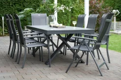Outlet Sondermodell Xanadu / Alice Comfort Garten-Essgruppe, xerix/anthrazit, Alu/Glaskeramik, 6 Stapelsessel, 2 Klappstühle, 220/280x100cm Garten-Essgruppen