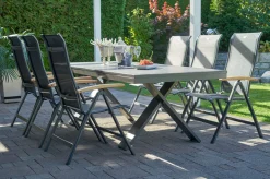 New Sondermodell Xanadu / Alice Garten-Essgruppe, xerix/schwarz, Alu/Glaskeramik, 4x4 Textilen, 6 Klappstühle, 220/280x100cm Garten-Essgruppen