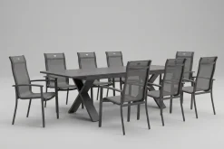 Outlet Sondermodell Xanadu / Alice Comfort Set, xerix/anthrazit, Alu/Glaskeramik, 8 Stapelsessel, 220/280x100cm Garten-Essgruppen|Aluminium-Gartenmöbel
