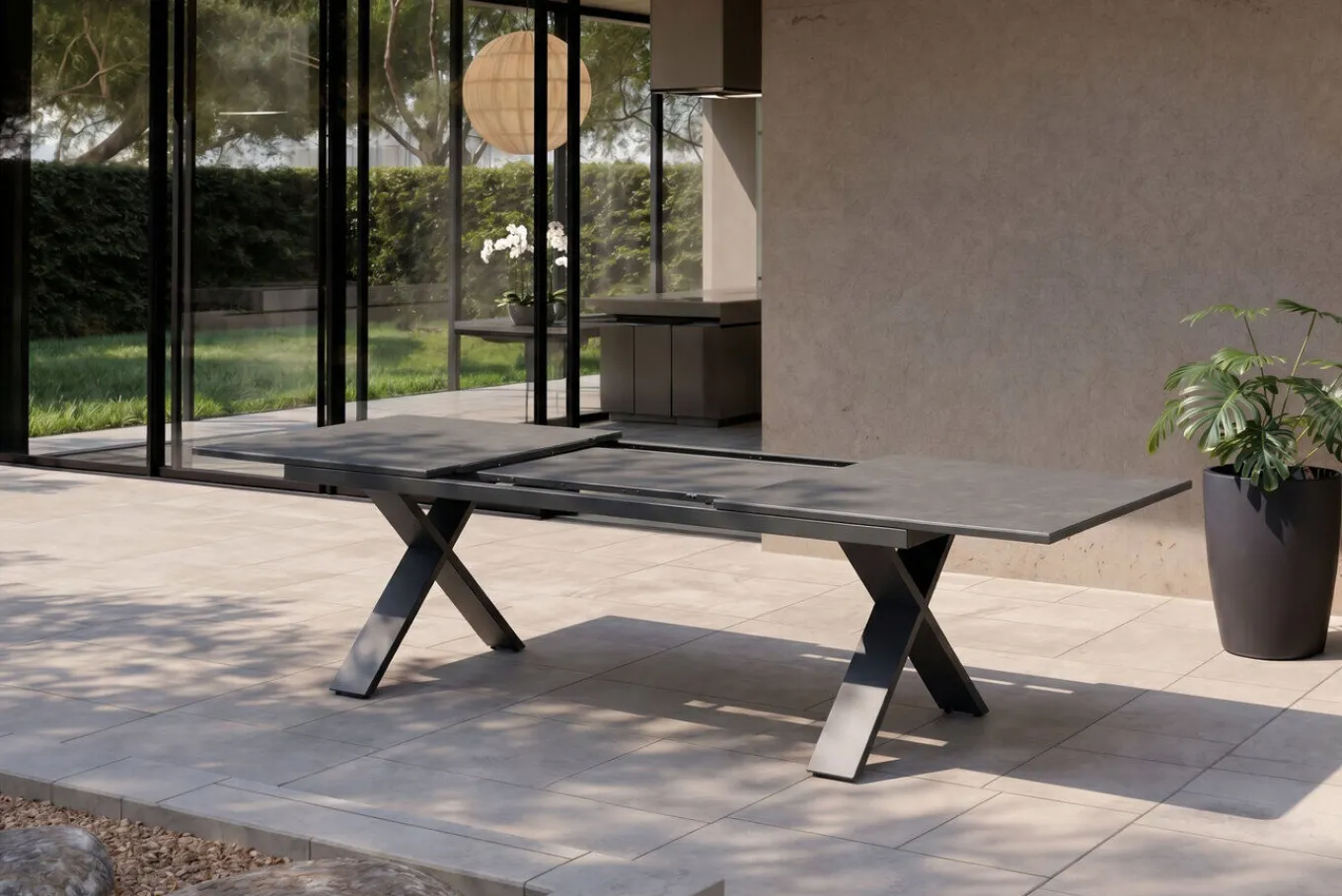 Discount Sondermodell Xanadu / Aruba Garten-Essgruppe, xerix/anthrazit, Alu/Glaskeramik, 6 Stapelsessel, 220/280x100cm Garten-Essgruppen|Aluminium-Gartenmöbel