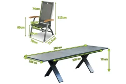 New Sondermodell Xanadu / Primo Garten-Essgruppe, xerix/natur, Alu/Teak/Glaskeramik, 6 Klappstühle, 220/280x100cm, X-Gestell, Teak Armlehnen Garten-Essgruppen|Aluminium-Gartenmöbel