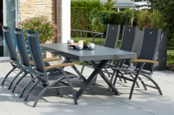 New Sondermodell Xanadu / Primo Garten-Essgruppe, xerix/natur, Alu/Teak/Glaskeramik, 6 Klappstühle, 220/280x100cm, X-Gestell, Teak Armlehnen Garten-Essgruppen|Aluminium-Gartenmöbel