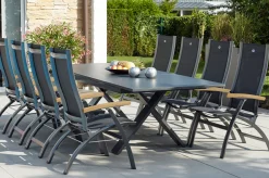 New Sondermodell Xanadu / Primo Garten-Essgruppe, xerix/natur, Alu/Teak/Glaskeramik, 8 Klappstühle, 220/280x100cm, X-Gestell, Teak Armlehnen Garten-Essgruppen|Aluminium-Gartenmöbel
