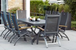 New Sondermodell Xanadu / Primo Garten-Essgruppe, xerix/natur, Alu/Teak/Glaskeramik, 8 Klappstühle, 220/280x100cm, X-Gestell, Teak Armlehnen Garten-Essgruppen|Aluminium-Gartenmöbel
