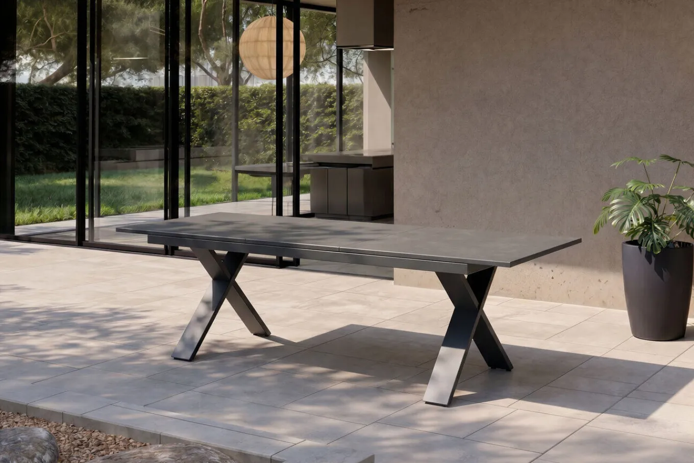 Sale Sondermodell Xanadu / Alice Comfort Set, xerix/anthrazit, Alu/Glaskeramik, 6 Stapelsessel, 220/280x100cm Garten-Essgruppen|Aluminium-Gartenmöbel