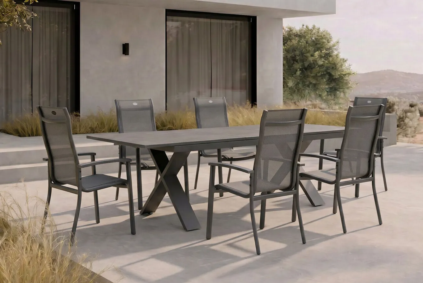 Sale Sondermodell Xanadu / Alice Comfort Set, xerix/anthrazit, Alu/Glaskeramik, 6 Stapelsessel, 220/280x100cm Garten-Essgruppen|Aluminium-Gartenmöbel