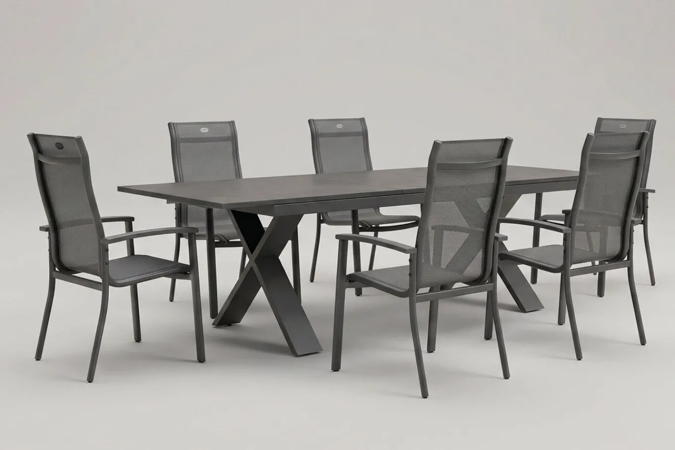 Sale Sondermodell Xanadu / Alice Comfort Set, xerix/anthrazit, Alu/Glaskeramik, 6 Stapelsessel, 220/280x100cm Garten-Essgruppen|Aluminium-Gartenmöbel