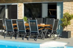 Discount Sondermodell Yasmani / Primo Garten-Essgruppe, xerix/natur, Alu/Teak/Glaskeramik, 8 Klappstühle, 220/280x100cm, Teak Armlehnen Aluminium-Gartenmöbel|Teak-Gartenmöbel
