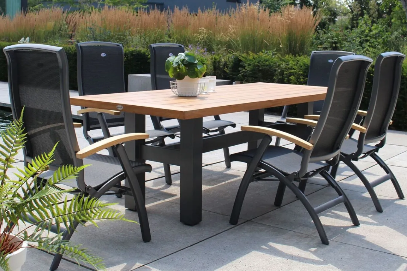 Discount Sondermodell Yasmani/Da Vinci Garten-Essgruppe, xerix, Alu/Teakholz, 240x100cm, 6 Klappstühle Garten-Essgruppen