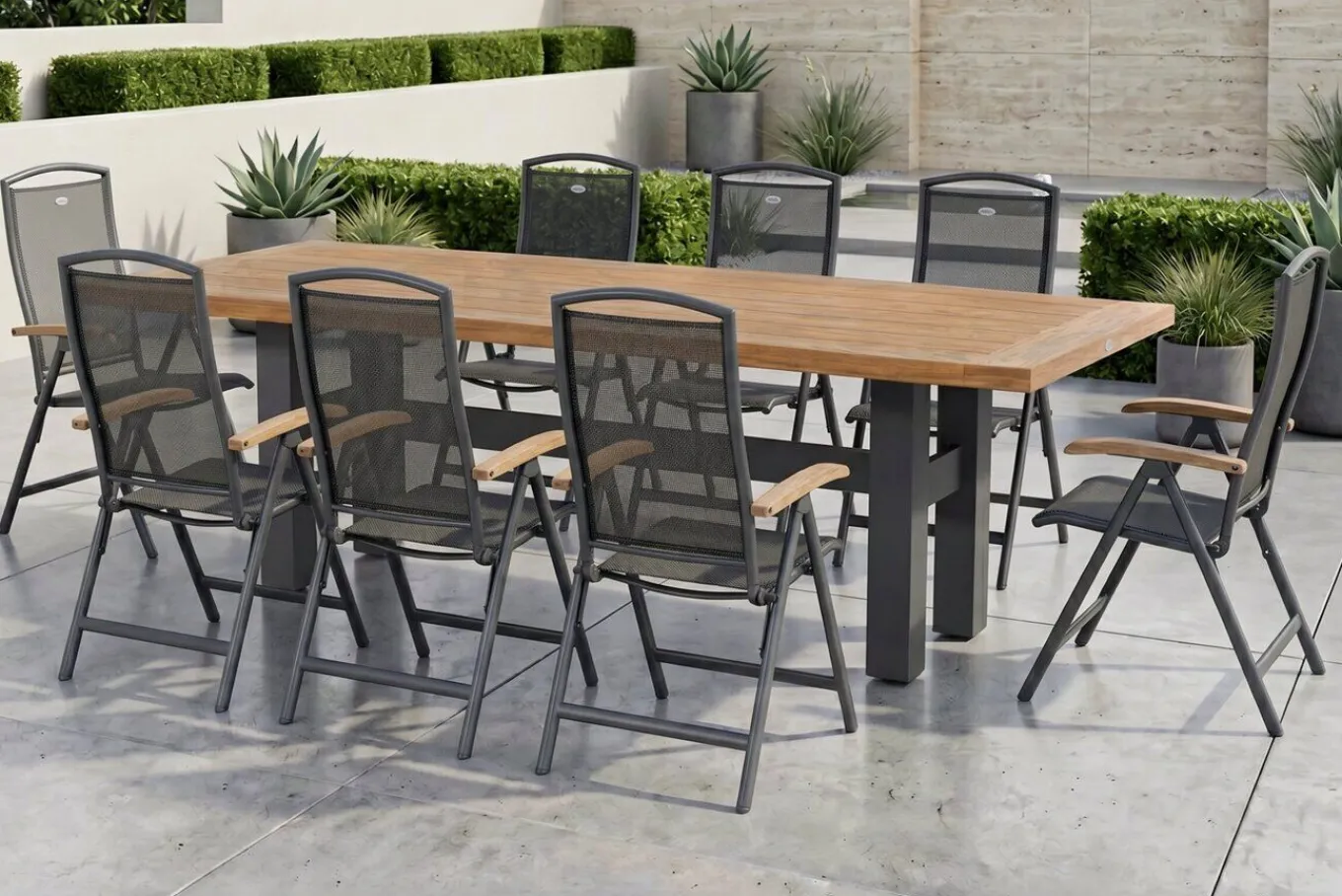 Hot Sondermodell Yasmani/Raffaelo Garten-Essgruppe, xerix, Alu/Teakholz, 240x100cm, 8 Klappstühle Garten-Essgruppen