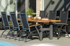 Hot Sondermodell Yasmani / Primo Garten-Essgruppe, xerix/natur, Alu/Teak/Glaskeramik, 6 Klappstühle, 240x100cm, Teak Armlehnen Garten-Essgruppen|Aluminium-Gartenmöbel
