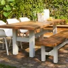 Outlet Sophie Yasmani Bank, Royal White / Natur Teak, 240 x 42 cm, Wetterfest, Hohe Belastbarkeit Aluminium-Gartenmöbel|Gartenbänke & Gartensofas