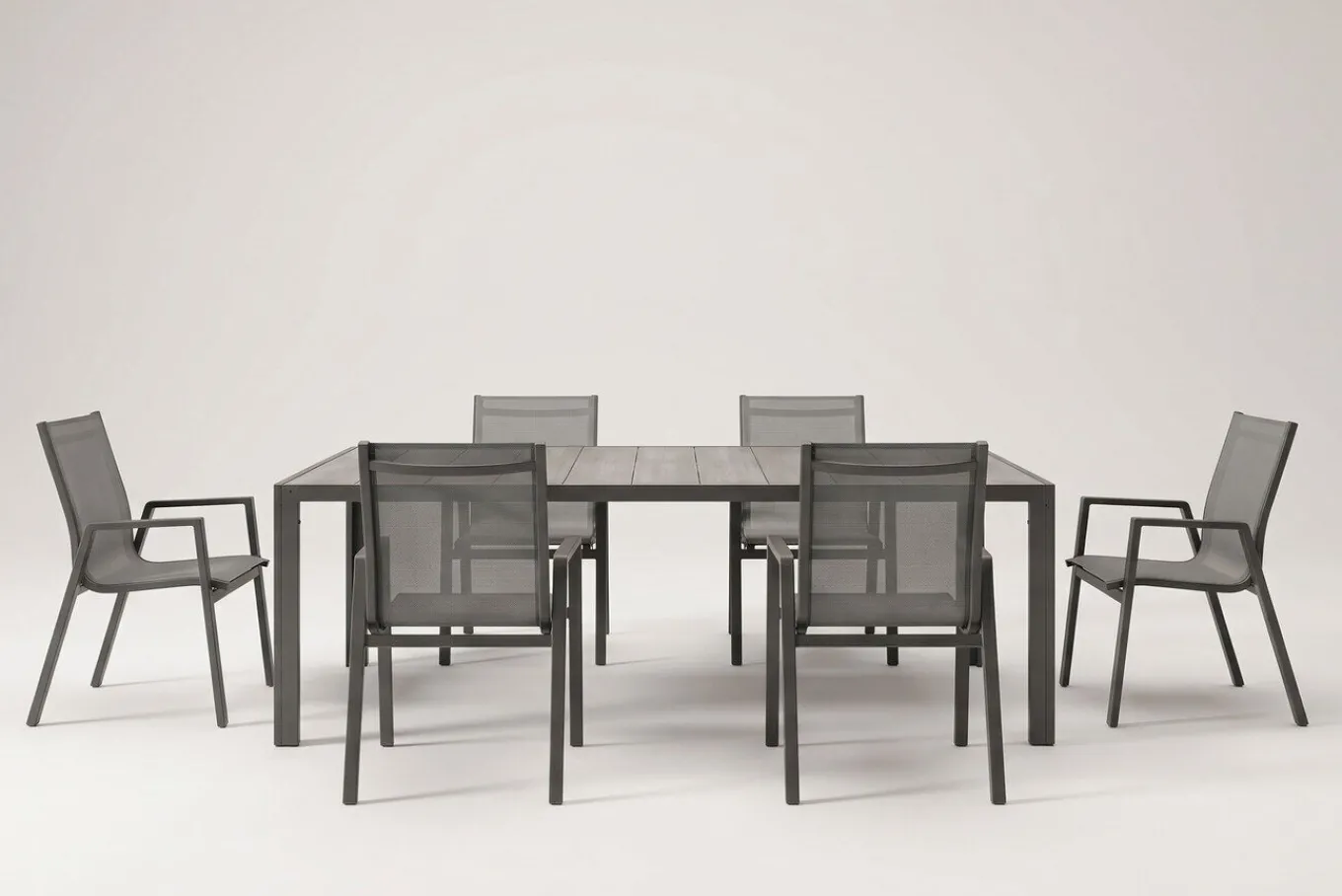 Sale Tanger/Aruba Garten-Essgruppe, xerix/grey wood, Aluminium/Keramik, 228x105cm, 6 Stapelsessel Garten-Essgruppen|Aluminium-Gartenmöbel