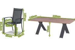 New Xanadu / Alice Comfort Garten-Essgruppe, xerix/anthrazit, Alu/Teakholz, 6 Stapelsessel, 220x100cm Garten-Essgruppen